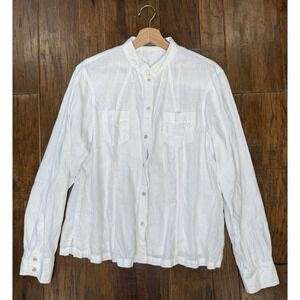 Liz Claiborne Button Down‎ Shirt Womens 16 White Linen Band Collar Beach Office